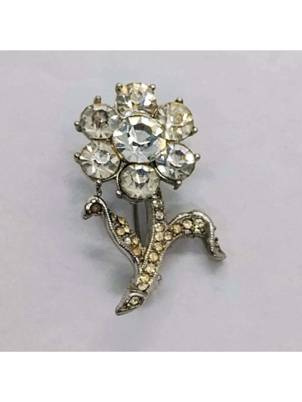 Vtg Mid Century Faceted Rhinestone Flower Brooch Silver Tone w/Long Stem 1.5" - Picture 3 of 4